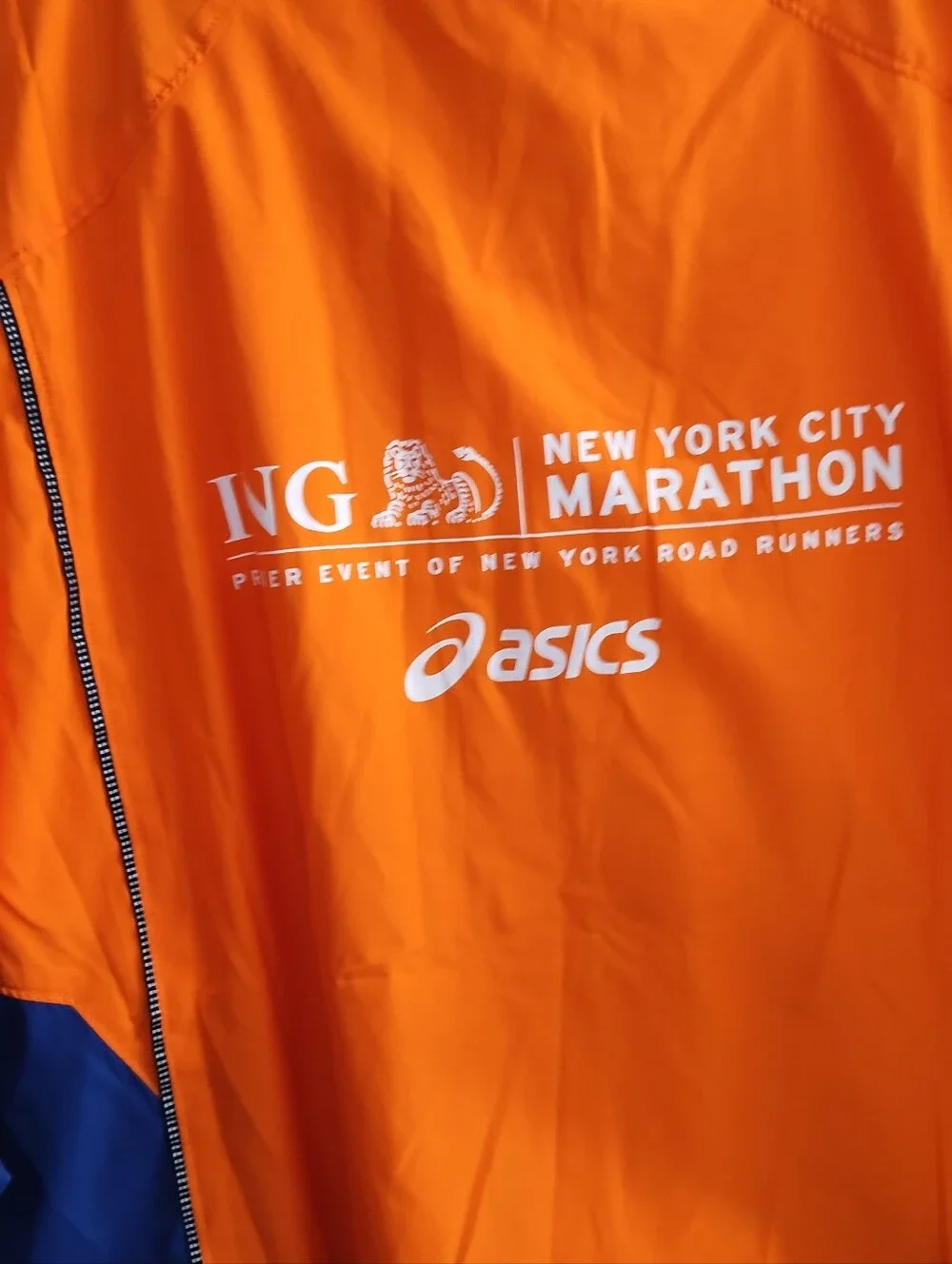 Vintage ASICS ING New York City Marathon Windbreaker Running Jacket Orange Blue